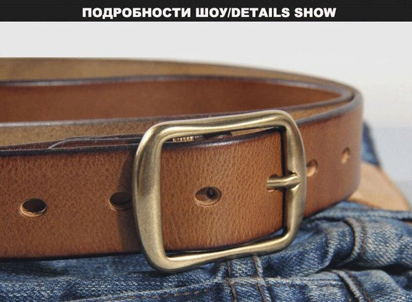 Men's Cowhide Belts Brass Pin Buckle Metal Leather Belt for Men Fancy Vintage Jeans Accessories - SolaceConnect.com