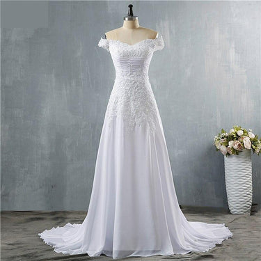 Vintage Fashion White Ivory Chiffon Boat Neck Floor Length Wedding Dress  -  GeraldBlack.com