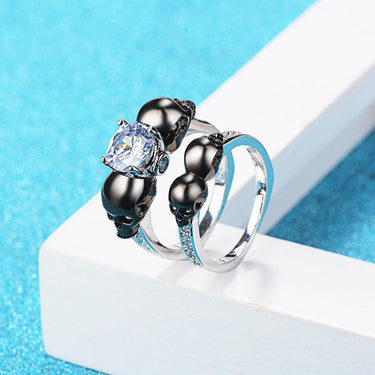 Vintage Fashion White Zircon Black Skull Couple Rings Jewelry Set - SolaceConnect.com
