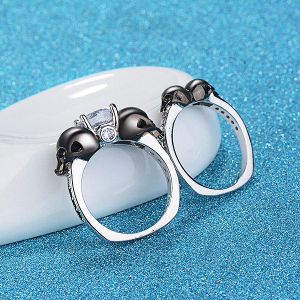 Vintage Fashion White Zircon Black Skull Couple Rings Jewelry Set - SolaceConnect.com