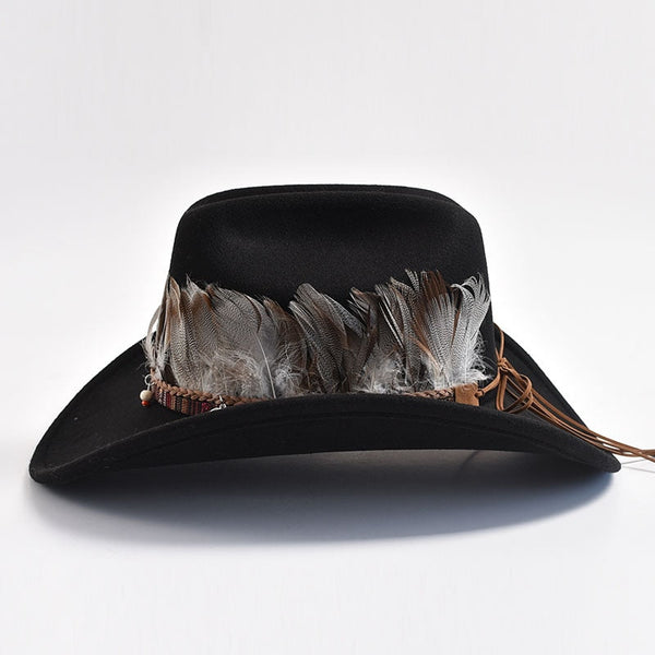 Vintage Feather Decoration Western Cowboy Hats for Men Women Fashion Wide Brim Church Jazz Hat  -  GeraldBlack.com