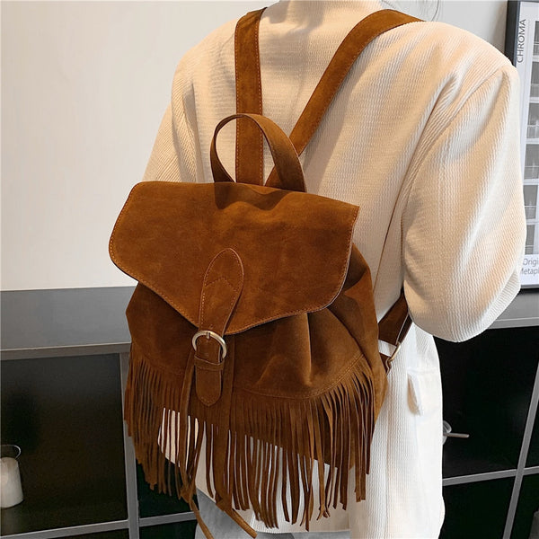 Vintage Fringed Suede Small Women Backpack Winter Designer College Girls School Bags Travel Backpack  -  GeraldBlack.com