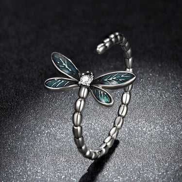 Vintage Green Dragonfly Ring 925 Sterling Silver Adjustable Finger Ring with Clear CZ Women Jewelry  -  GeraldBlack.com