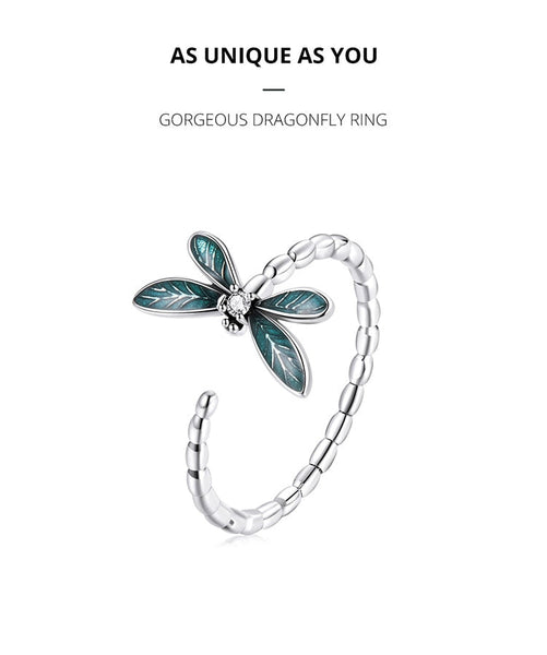 Vintage Green Dragonfly Ring 925 Sterling Silver Adjustable Finger Ring with Clear CZ Women Jewelry  -  GeraldBlack.com