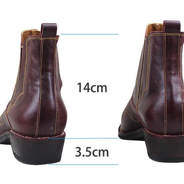 Vintage Men Pointed Toe Cowhide Genuine Leather Ankle Boots Handmade Western Cowboy Boots Block Heel Equestrian Riding Shoes  -  GeraldBlack.com