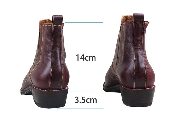 Vintage Men Pointed Toe Cowhide Genuine Leather Ankle Boots Handmade Western Cowboy Boots Block Heel Equestrian Riding Shoes  -  GeraldBlack.com