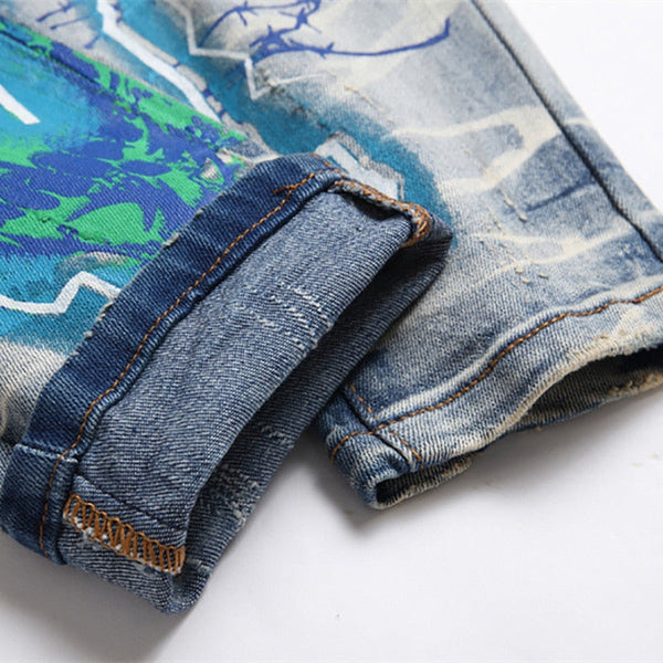 Vintage Men's Blue Letters Lightning Painted Ripped Stretch Denim Jeans  -  GeraldBlack.com