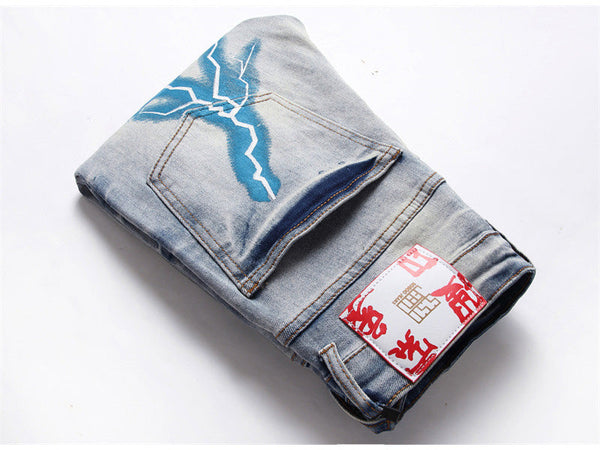 Vintage Men's Blue Letters Lightning Painted Ripped Stretch Denim Jeans  -  GeraldBlack.com
