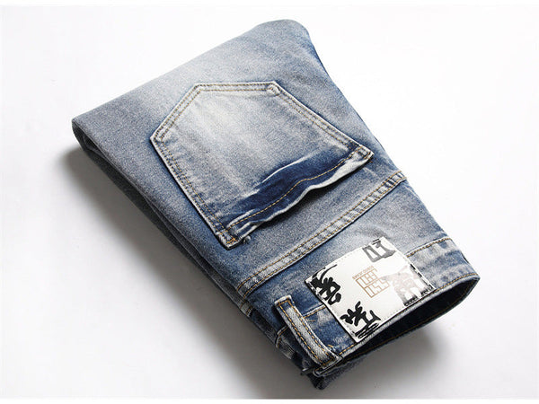 Vintage Men's Blue Letters Painted Slim Tapered Stretch Denim Jeans Pants  -  GeraldBlack.com