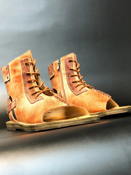 Vintage Men Summer Open Toe High Top Gladiator Flats Breathable Lace Up Cowhide Genuine Leather Sandals  -  GeraldBlack.com