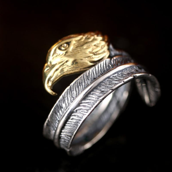 Vintage Opening Gold Color Eagle Head Sterling Silver Feather Unisex Ring - SolaceConnect.com
