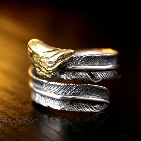 Vintage Opening Gold Color Eagle Head Sterling Silver Feather Unisex Ring - SolaceConnect.com