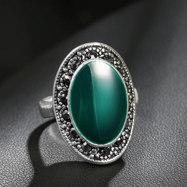 Vintage Oval Black Green Enamel Ring for Women with Silver Plated Crystal - SolaceConnect.com