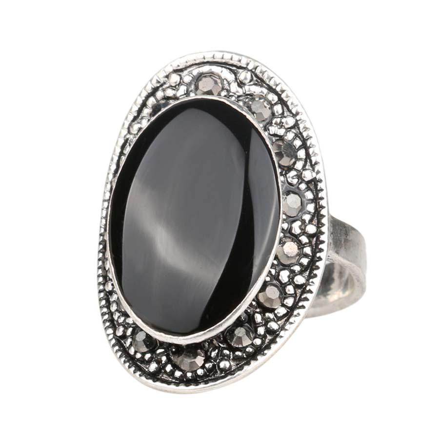 Vintage Oval Black Green Enamel Ring for Women with Silver Plated Crystal  -  GeraldBlack.com