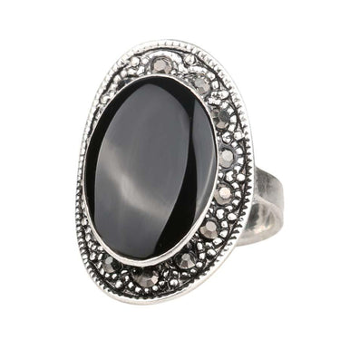 Vintage Oval Black Green Enamel Ring for Women with Silver Plated Crystal  -  GeraldBlack.com
