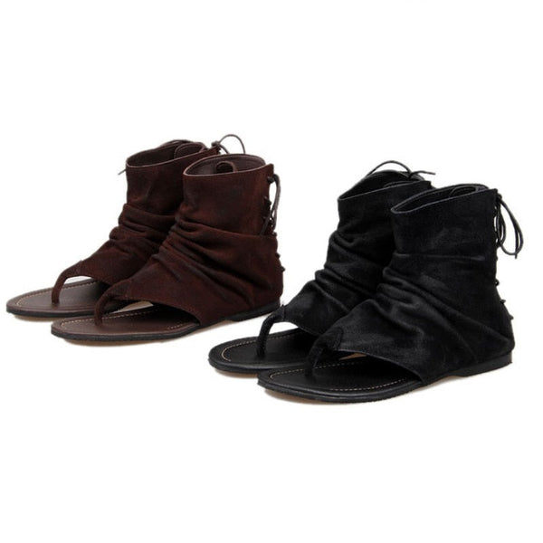 Vintage Roman Style Lace-up Pleated Leather High Top Gladiator Sandals for Men - SolaceConnect.com