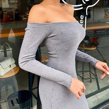 Solid Off the Shoulder Sexy Pencil Maxi Dress Angle Length Vintage Knitted Skinny Slim Long Sleeve - SolaceConnect.com