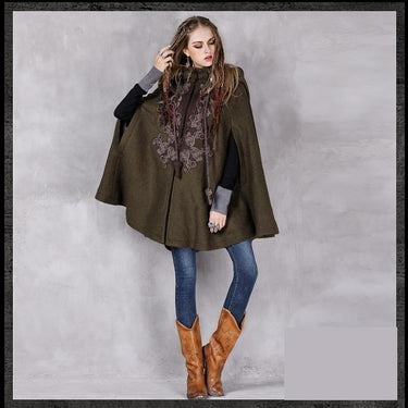 Vintage Spring Woolen Sleeveless Hooded Cloak Loose Tops Coat - SolaceConnect.com