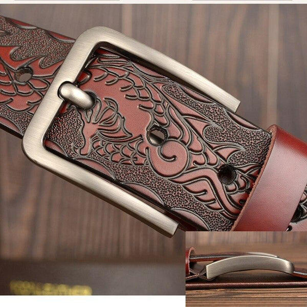 Vintage Style Luxury Men's Dragon Print Genuine Leather Pin Buckle Belt - SolaceConnect.com