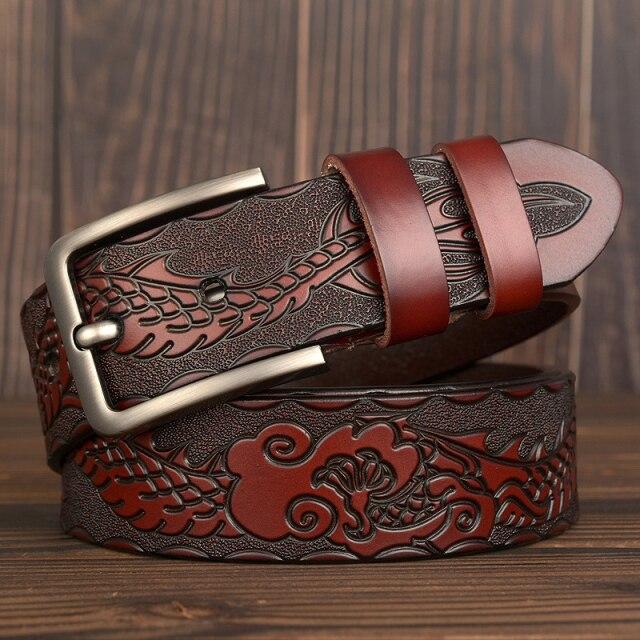 Vintage Style Luxury Men's Dragon Print Genuine Leather Pin Buckle Belt - SolaceConnect.com