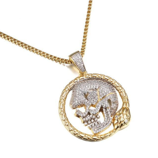 Skeleton Men Pendant Necklace Vintage Paved Cubic Zircons Skull Jewelry Male Chain Accessory - SolaceConnect.com