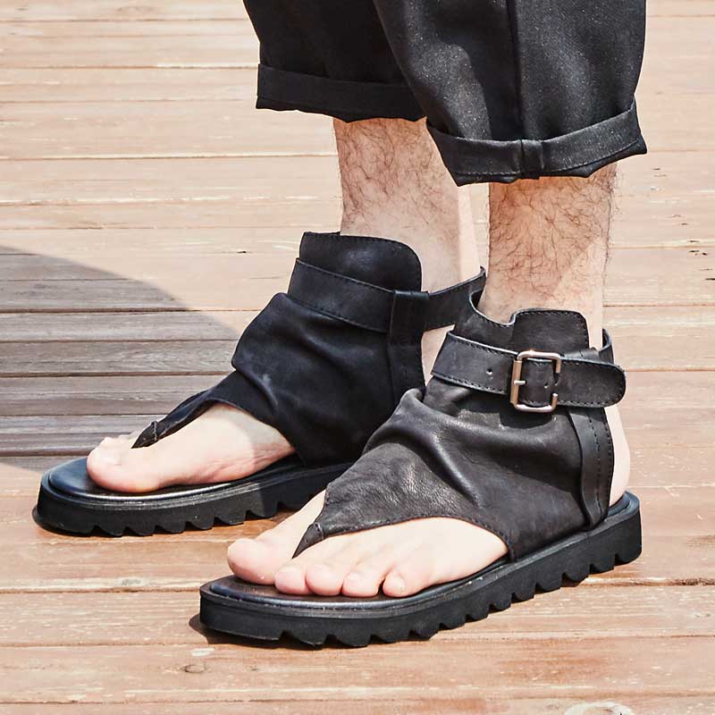 Vintage Summer Men's Genuine Leather Buckle Strap Flip Flops Sandals  -  GeraldBlack.com