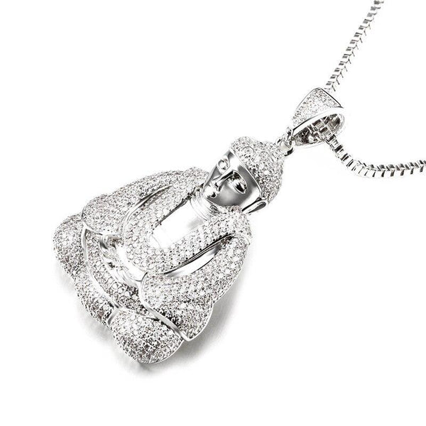 Vintage Unisex Iced out Cubic Zirconia Silver Buddha Pendant Necklace  -  GeraldBlack.com