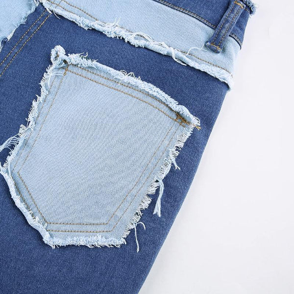 Vintage Women's Blue Patched Denim High Waist Straight Leg Jeans Pants - SolaceConnect.com