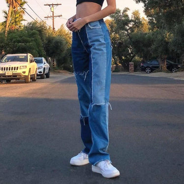 Vintage Women's Blue Patched Denim High Waist Straight Leg Jeans Pants - SolaceConnect.com