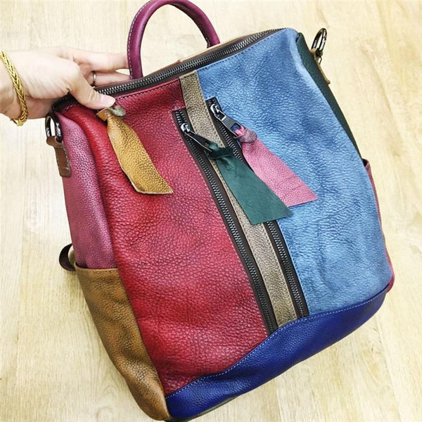 Unique Highend Vintage Colorful Genuine Leather Women's Backpack Female Girl Backpacks Lady Travel - SolaceConnect.com