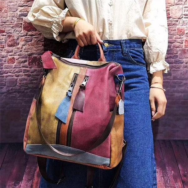 Vintage Women's Colorful Genuine Leather Unique Highend Travel Backpack  -  GeraldBlack.com