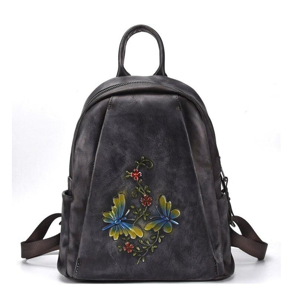 Genuine Leather Women Backpack Cowhide Female Girl Travel Bag Vintage Coffee Red Black Flower - SolaceConnect.com