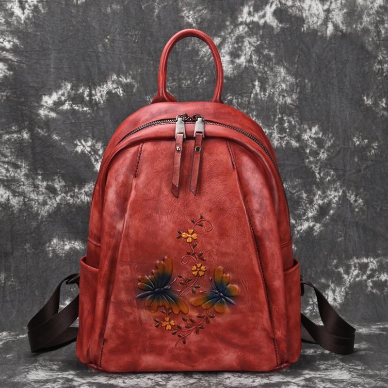 Vintage Women's Genuine Leather Flower Design Zipper Travel Bag Backpack  -  GeraldBlack.com