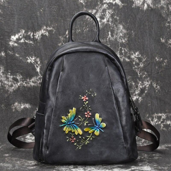Vintage Women's Genuine Leather Flower Design Zipper Travel Bag Backpack  -  GeraldBlack.com
