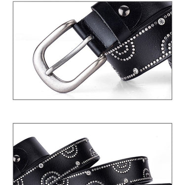 Vintage Women's Genuine Leather Geometric Pattern Rivet Decor Jeans Belt - SolaceConnect.com
