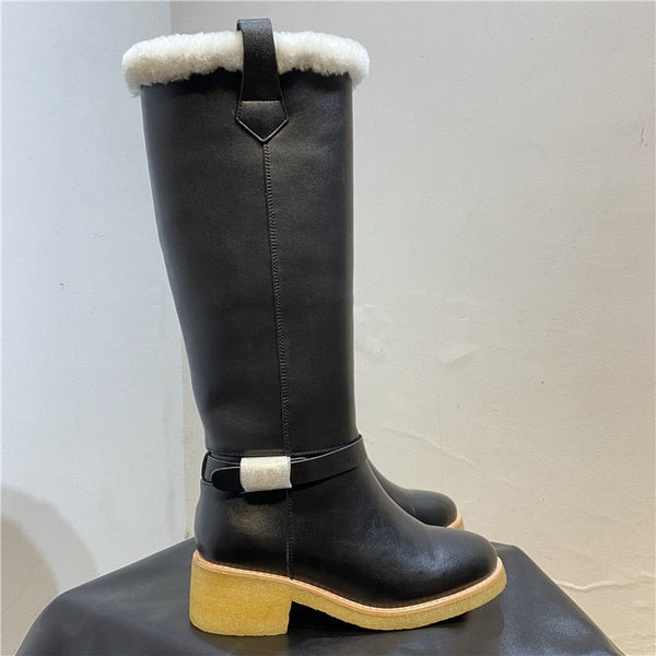 Warm Fuzzy Snow Boots Round Toe Knee-high Concise Slip-on Women Metal Decor Chunky Heels Cozy Winter Botas  -  GeraldBlack.com
