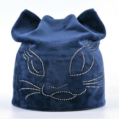 Warm Winter Diamond Polyester Beanie Cap with Ears for Women - SolaceConnect.com