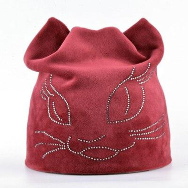 Warm Winter Diamond Polyester Beanie Cap with Ears for Women - SolaceConnect.com