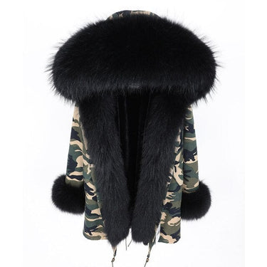 Warm Winter Fashion Black Natural Fur Collar Camo Pattern Jacket for Women  -  GeraldBlack.com