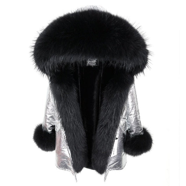 Warm Winter Style Black Natural Fur Collar Silver Color Coat Jacket for Women  -  GeraldBlack.com