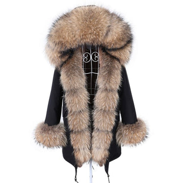 Warm Winter Style Contrast Natural Fur Collar Black Coat Jacket for Women  -  GeraldBlack.com