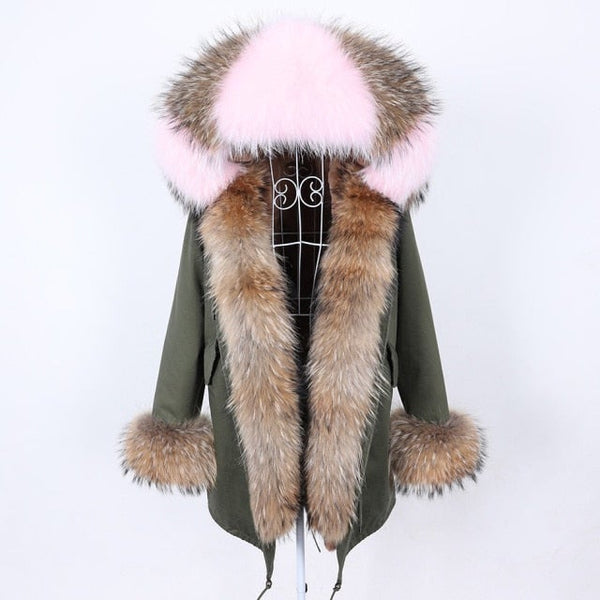 Warm Winter Style Natural Fox Fur Collar Army Green Coat Jacket for Women  -  GeraldBlack.com