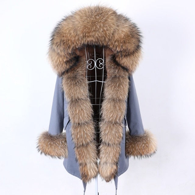 Warm Winter Style Natural Fox Fur Collar Blue and Gray Coat Jacket for Women  -  GeraldBlack.com