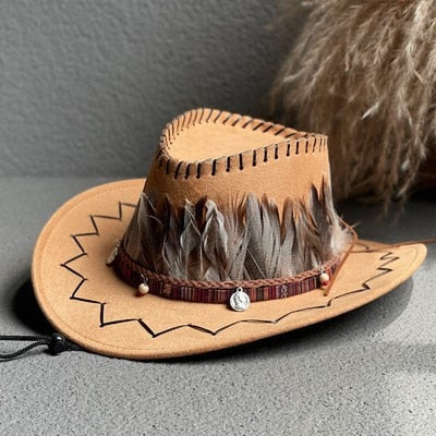 Western Cowboy Hat for Men Women Vintage Suede Jazz Fashion Feather Decor Wide Brim Cap  -  GeraldBlack.com