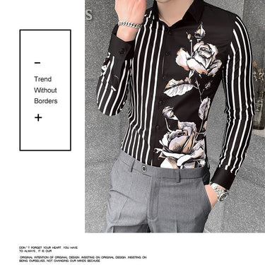 White and Black Men's Korean Fashion Spliced Floral All Match Striped Shirt  -  GeraldBlack.com