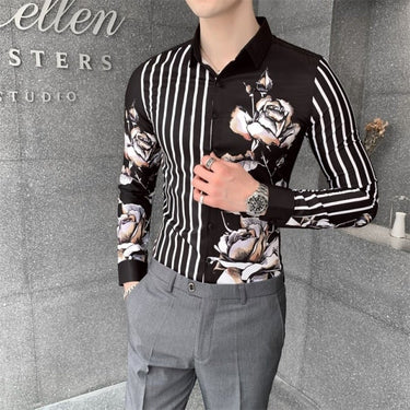 White and Black Men's Korean Fashion Spliced Floral All Match Striped Shirt  -  GeraldBlack.com