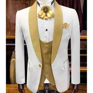 White and Gold Wedding Jacket Vest with Pants 3 Piece Tuxedo for Groomsmen with Shawl Lapel Smoking  -  GeraldBlack.com