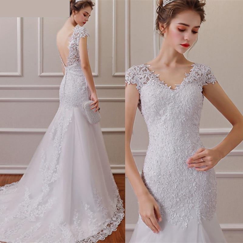 White Backless Gown Lace Mermaid Wedding Dress with Cap Sleeves  -  GeraldBlack.com