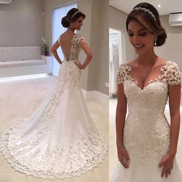 White Backless Gown Lace Mermaid Wedding Dress with Cap Sleeves - SolaceConnect.com