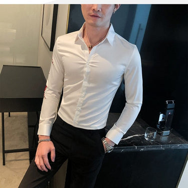 White Black Long Sleeve Casual Embroidery Slim Fit Shirts for Men - SolaceConnect.com